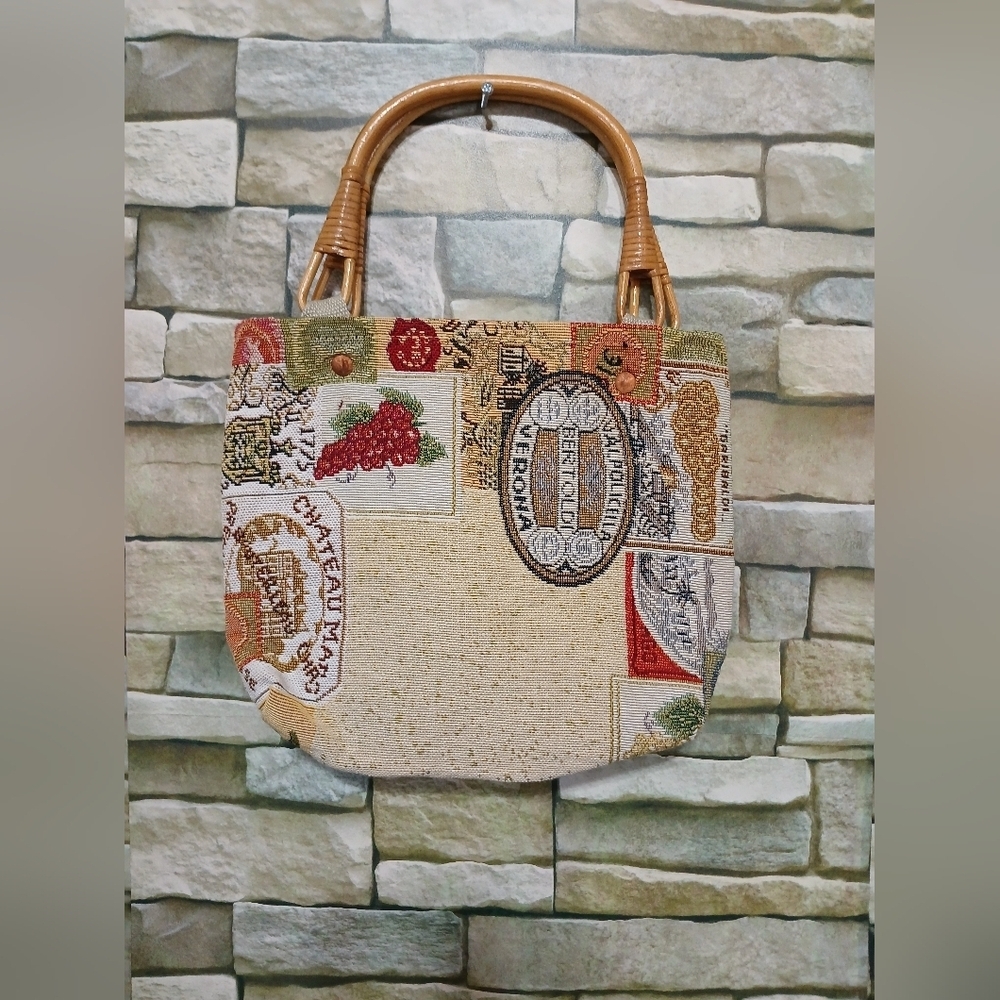 Wine Themed Tapestry Small Woven Handbag Bamboo Handles
